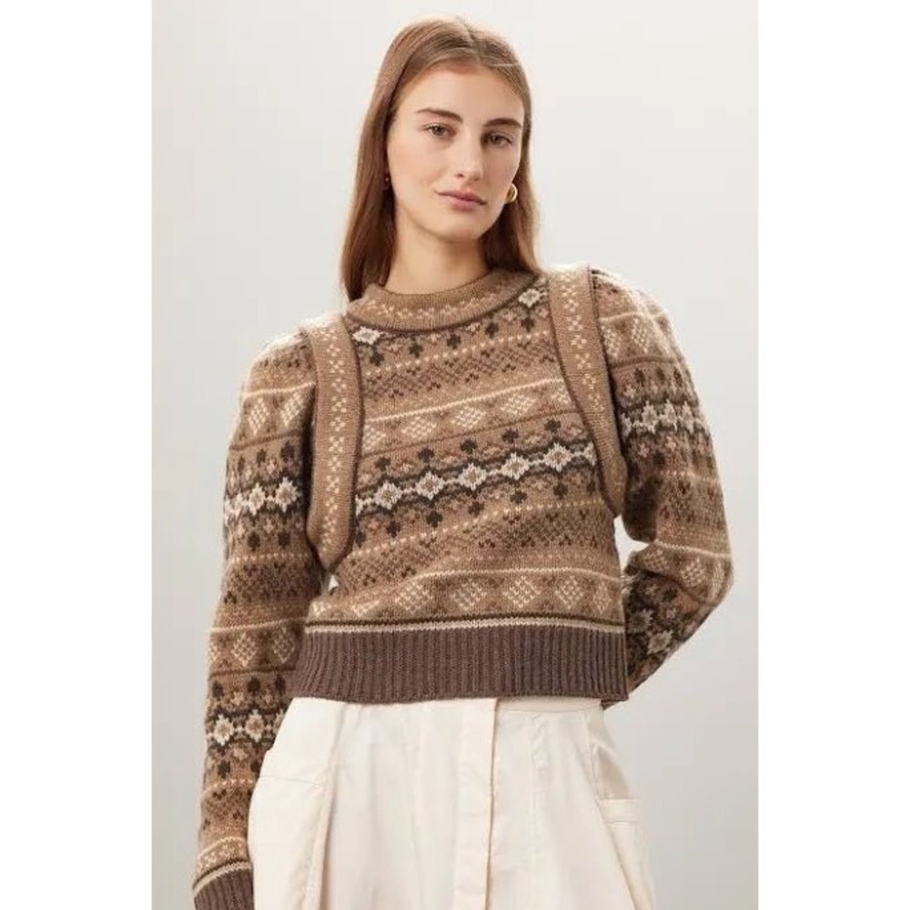 Sea New York Finja Fair Isle Brown Cropped Sweater Large